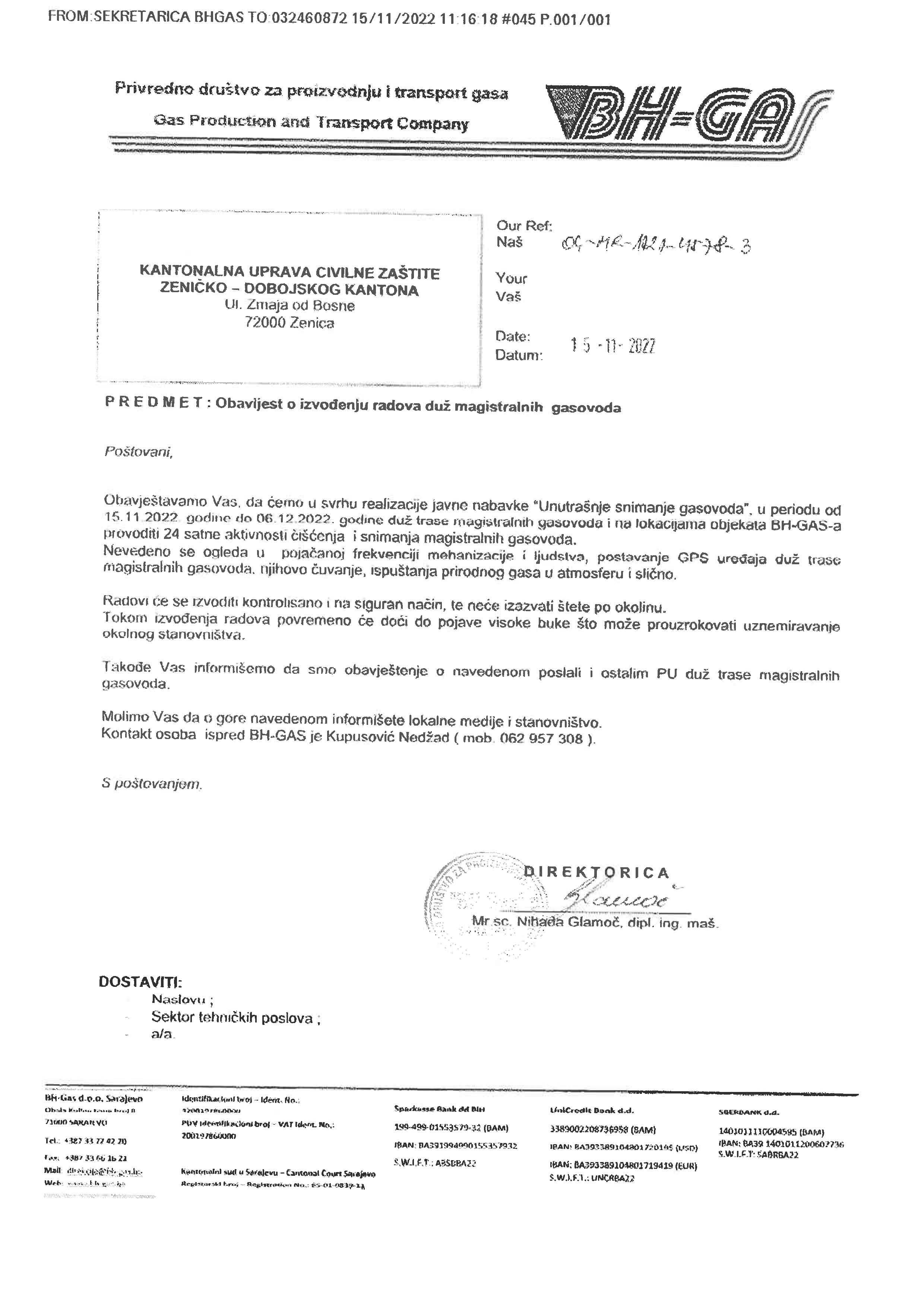 Obavijest o izvođenju radova na magistralnim gasovodima u ZDK